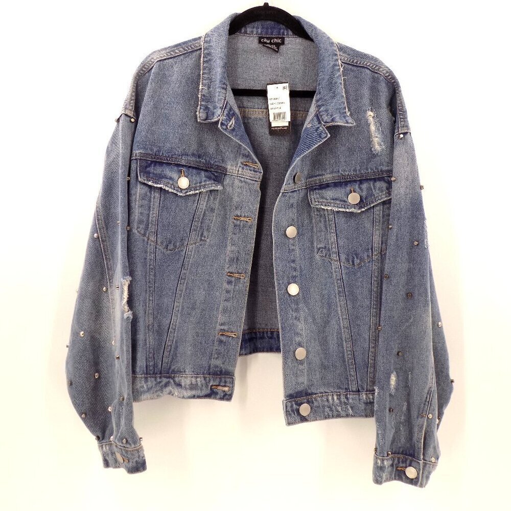 City Chic Distressed Studded Cropped Denim Jacket Size XXL/24 Studded Sleeve